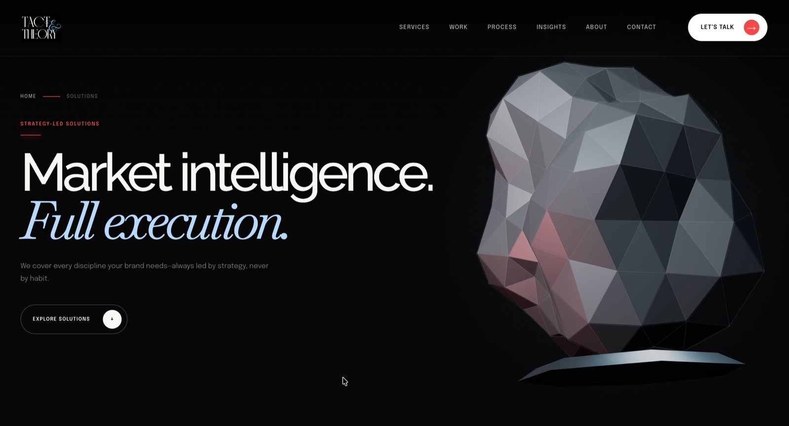 New Tact and Theory website showing the Market intelligence, Full execution hero section