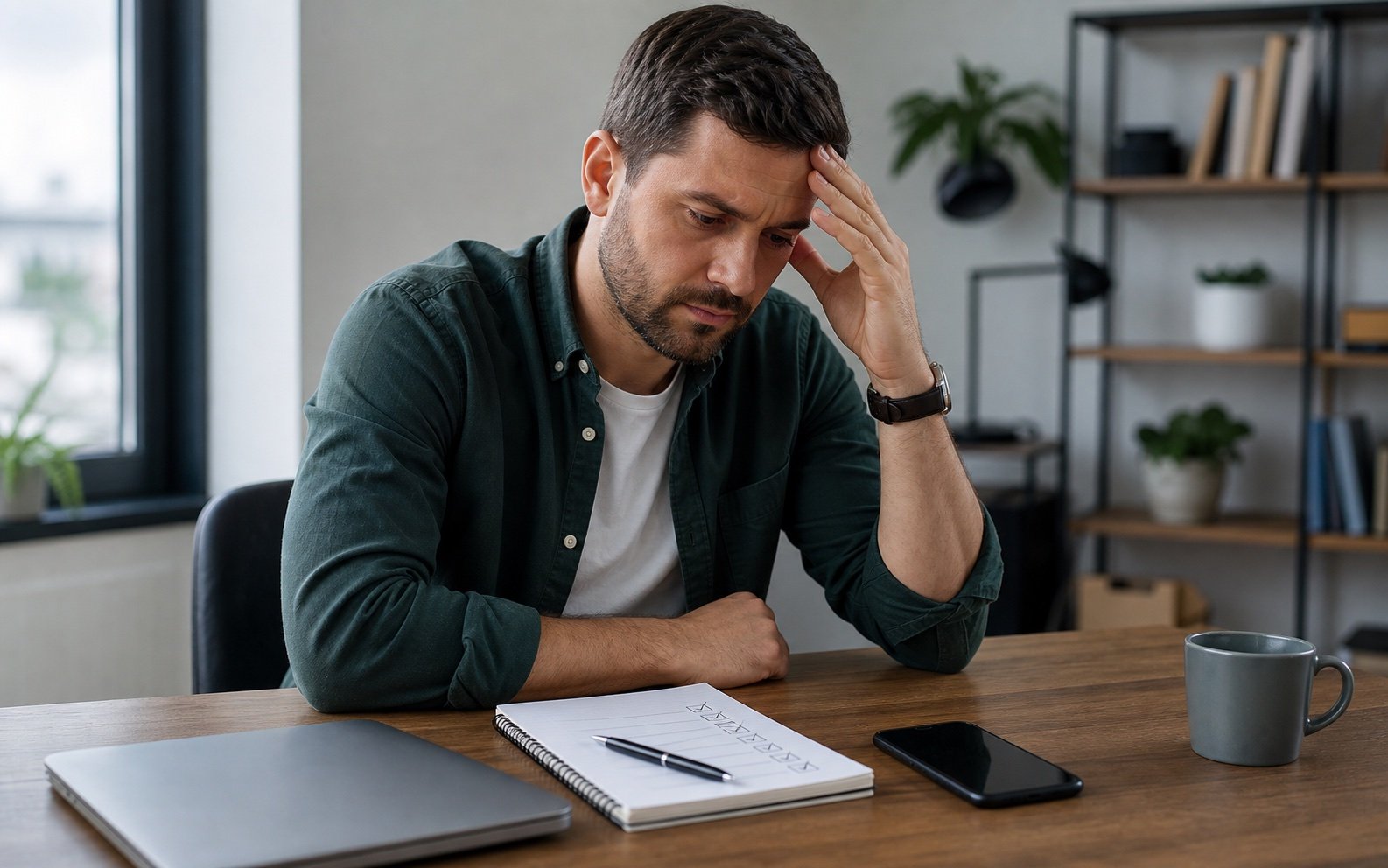 Business owner tense after completing the work but still receiving no website enquiries