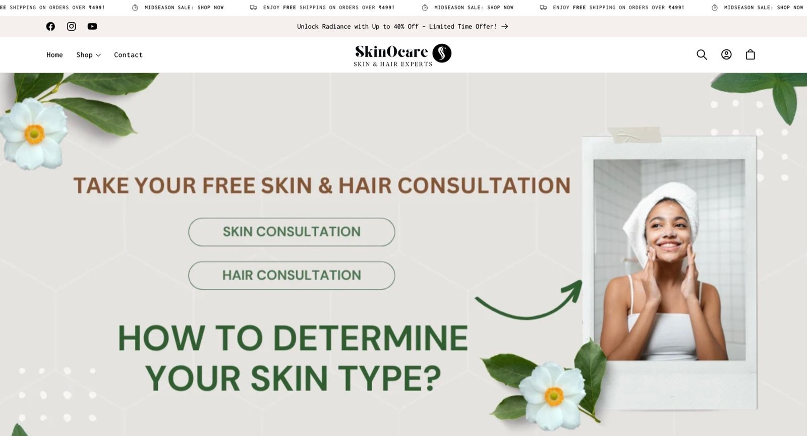 Skinocare desktop storefront showing its navigation, consultation offer and skin and hair care hero interface